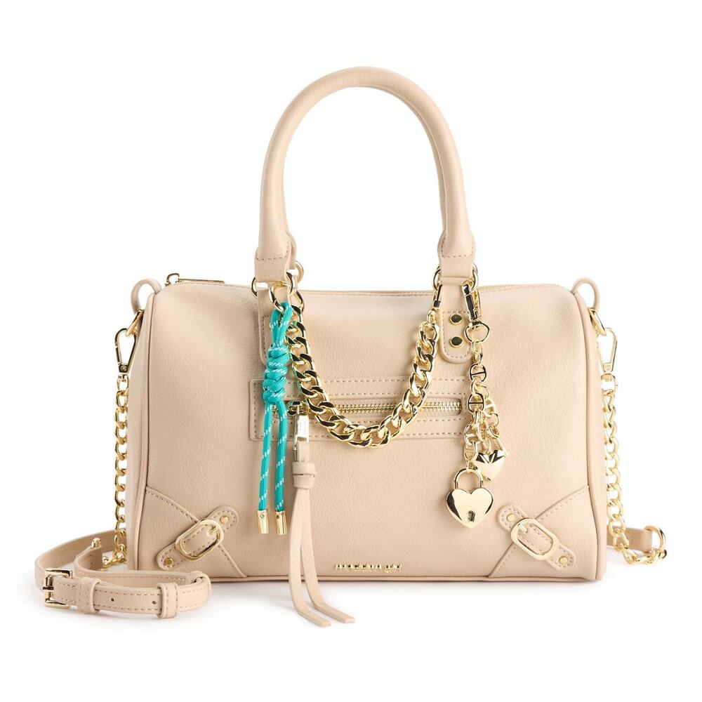 Madden Girl Bower Bowler Bag with Crossbody Strap and Keychain Charms Taupe